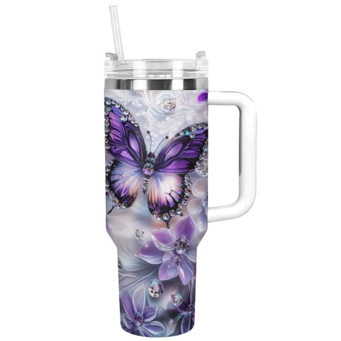 Floral And Butterfly Custom Stanley Quencher 40Oz Stainless Steel Tumbler With Handle