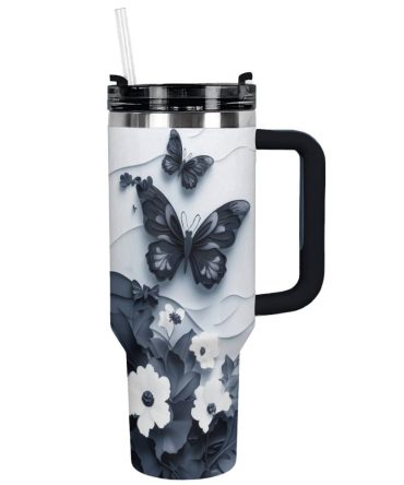 Floral And Butterfly Custom Stanley Quencher 40Oz Stainless Steel Tumbler With Handle