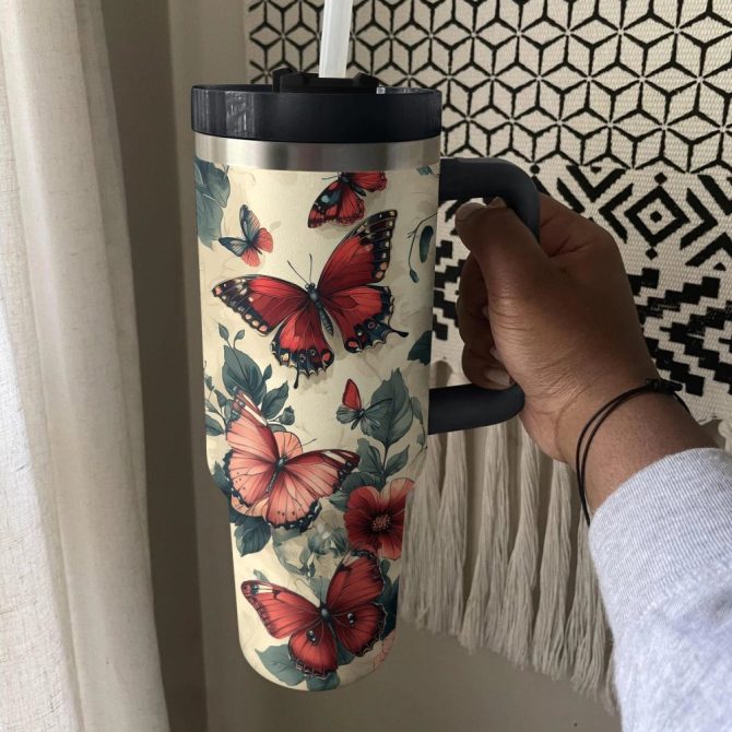 Floral And Butterfly Custom Stanley Quencher 40Oz Stainless Steel Tumbler With Handle - Image 4