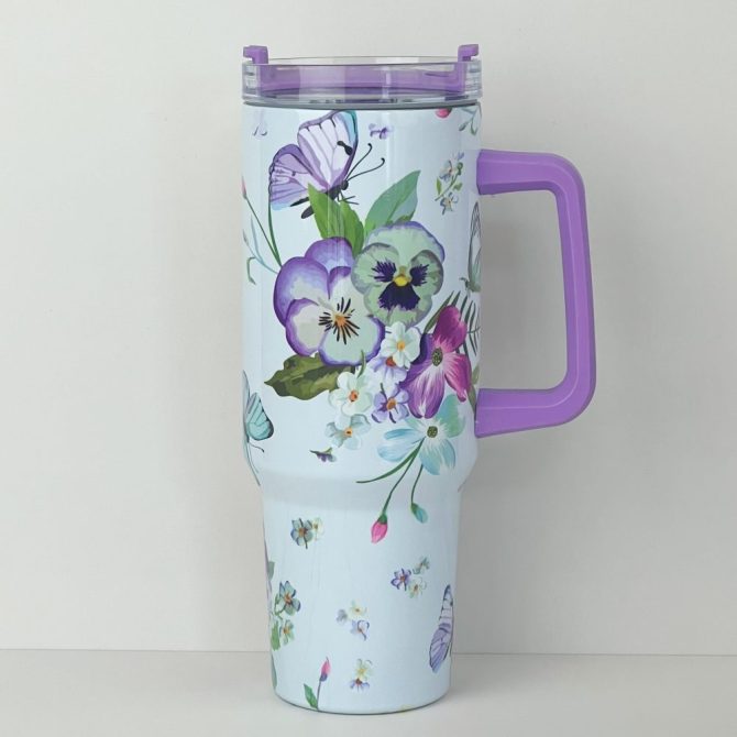Floral And Butterfly Custom Stanley Quencher 40Oz Stainless Steel Tumbler With Handle
