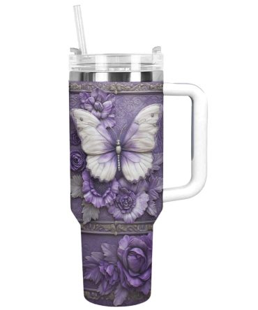 Floral And Butterfly Custom Stanley Quencher 40Oz Stainless Steel Tumbler With Handle
