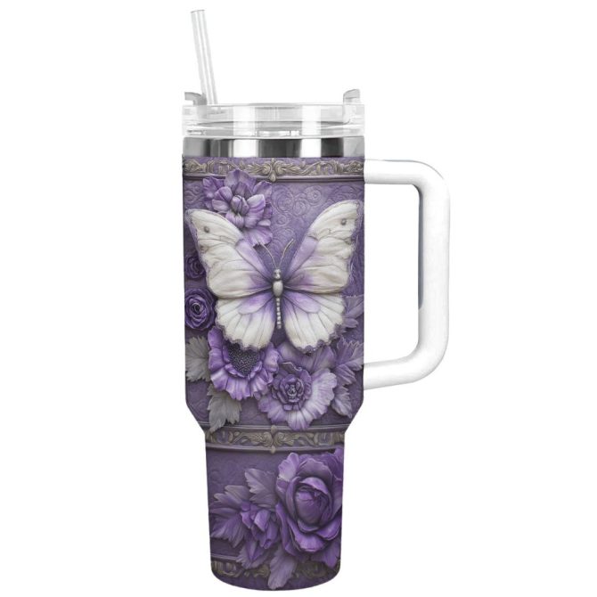 Floral And Butterfly Custom Stanley Quencher 40Oz Stainless Steel Tumbler With Handle