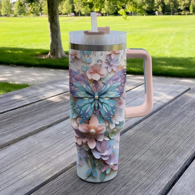 Floral And Butterfly Custom Stanley Quencher 40Oz Stainless Steel Tumbler With Handle - Image 4