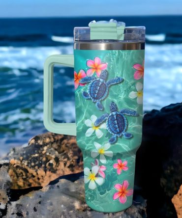 Floral Baby Turtle Custom Stanley Quencher 40Oz Stainless Steel Tumbler With Handle