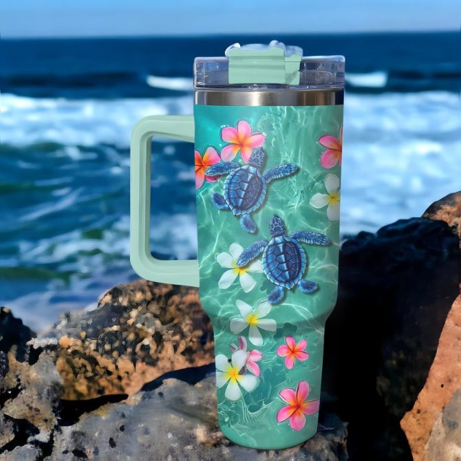 Floral Baby Turtle Custom Stanley Quencher 40Oz Stainless Steel Tumbler With Handle