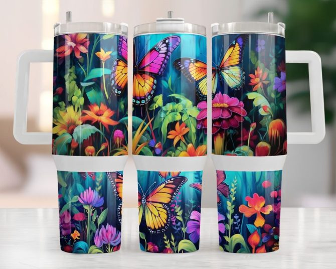 Floral Butterflies Custom Stanley Quencher 40Oz Stainless Steel Tumbler - Image 2