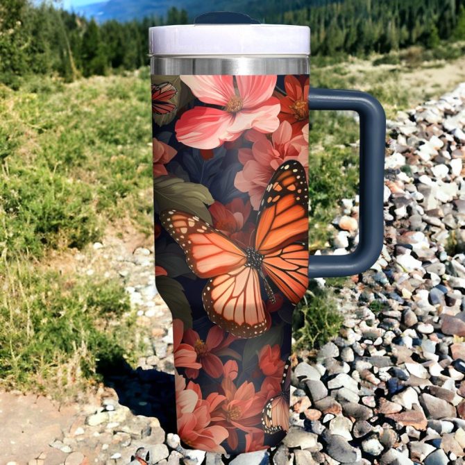 Floral Butterfly Custom Stanley Quencher 40Oz Stainless Steel Tumbler With Handle - Image 2