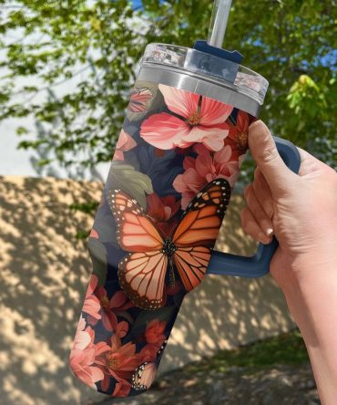 Floral Butterfly Custom Stanley Quencher 40Oz Stainless Steel Tumbler With Handle