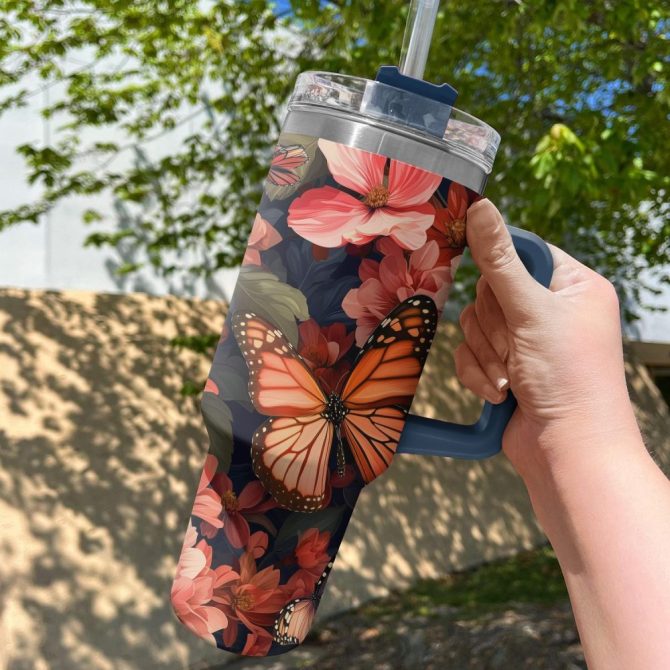 Floral Butterfly Custom Stanley Quencher 40Oz Stainless Steel Tumbler With Handle