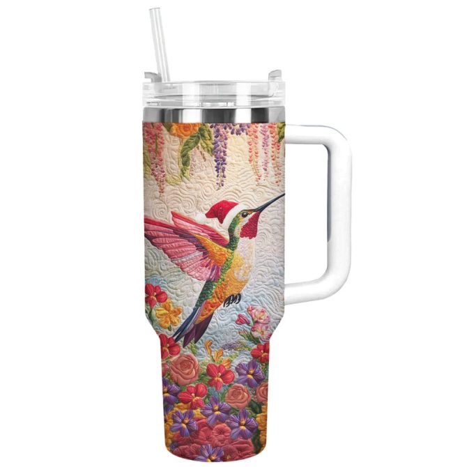 Floral Christmas Hummingbird Custom Stanley Quencher 40Oz Stainless Steel Tumbler With Handle
