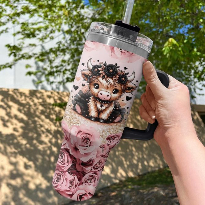 Floral Cow Custom Stanley Quencher 40Oz Stainless Steel Tumbler With Handle - Image 2