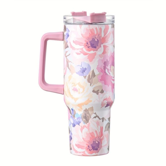 Floral Custom Stanley Quencher 40Oz Stainless Steel Tumbler With Handle