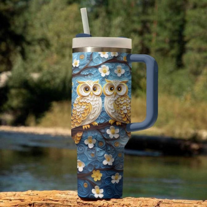 Floral Cute Owl Custom Stanley Quencher 40Oz Stainless Steel Tumbler With Handle - Image 3
