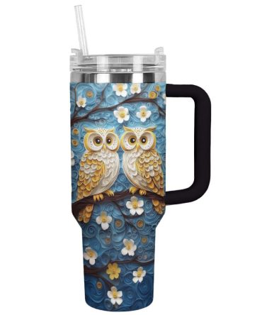 Floral Cute Owl Custom Stanley Quencher 40Oz Stainless Steel Tumbler With Handle