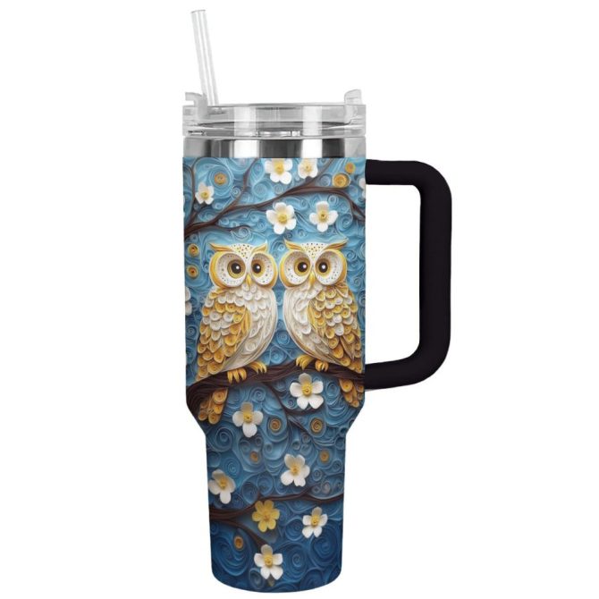 Floral Cute Owl Custom Stanley Quencher 40Oz Stainless Steel Tumbler With Handle