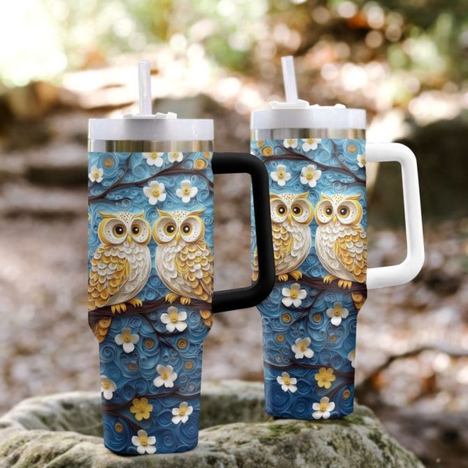 Floral Cute Owl Custom Stanley Quencher 40Oz Stainless Steel Tumbler With Handle - Image 2