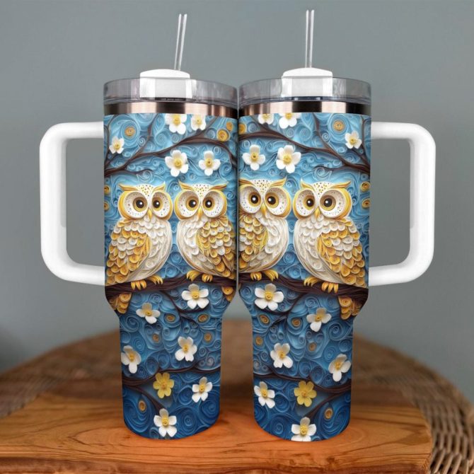 Floral Cute Owl Custom Stanley Quencher 40Oz Stainless Steel Tumbler With Handle - Image 4