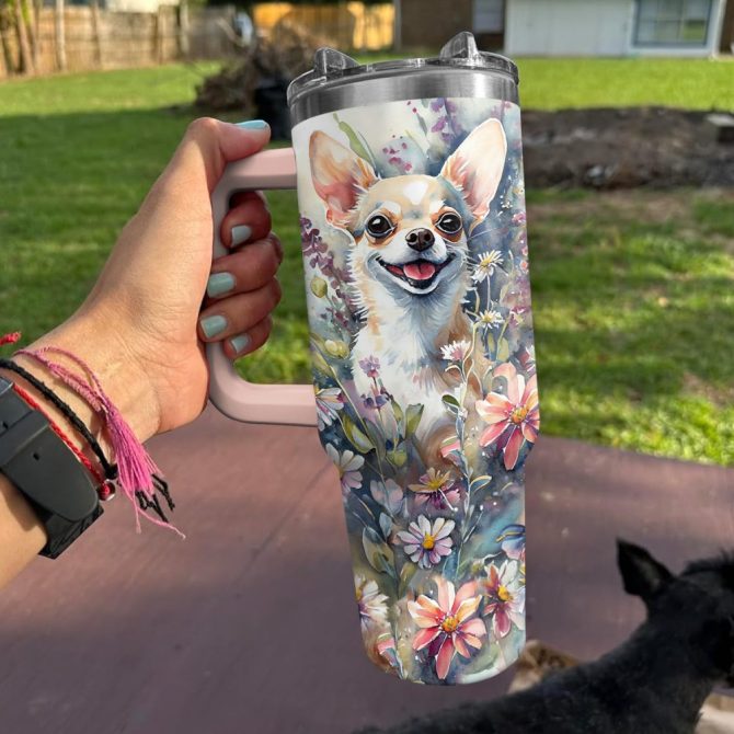 Floral Dog Custom Stanley Quencher 40Oz Stainless Steel Tumbler With Handle - Image 2