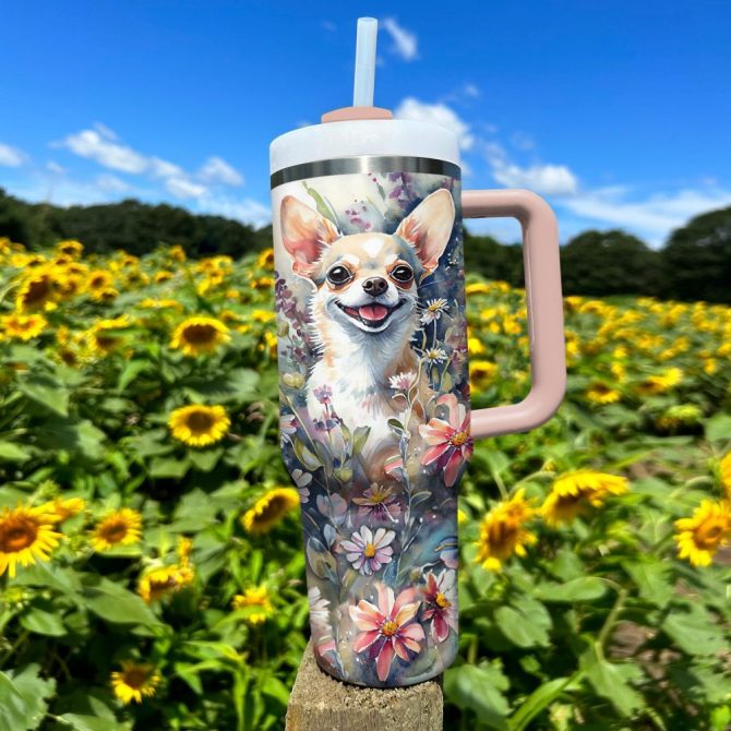Floral Dog Custom Stanley Quencher 40Oz Stainless Steel Tumbler With Handle