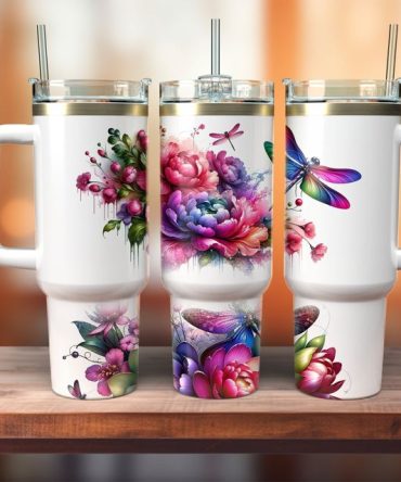 Floral Dragonfly Custom Stanley Quencher 40Oz Stainless Steel Tumbler