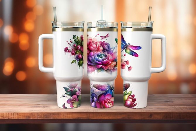 Floral Dragonfly Custom Stanley Quencher 40Oz Stainless Steel Tumbler