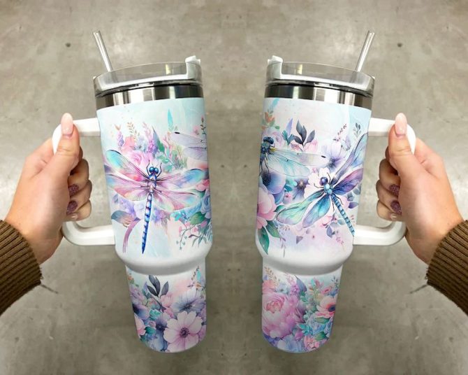 Floral Dragonfly Custom Stanley Quencher 40Oz Stainless Steel Tumbler - Image 4