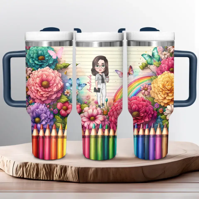 Floral Fantasy Teacher Custom Stanley Quencher 40Oz Stainless Steel Tumbler With Handle