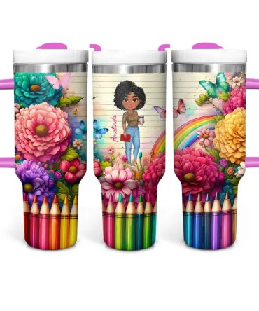 Floral Fantasy Teacher Custom Stanley Quencher 40Oz Stainless Steel Tumbler With Handle