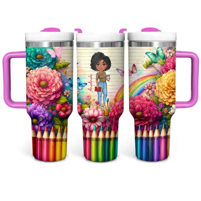 Floral Fantasy Teacher Custom Stanley Quencher 40Oz Stainless Steel Tumbler With Handle