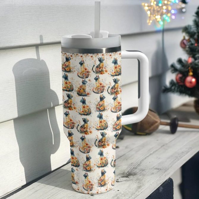Floral Feline Cat Custom Stanley Quencher 40Oz Stainless Steel Tumbler With Handle - Image 2