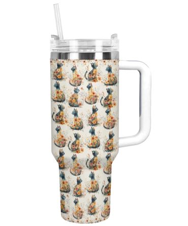 Floral Feline Cat Custom Stanley Quencher 40Oz Stainless Steel Tumbler With Handle