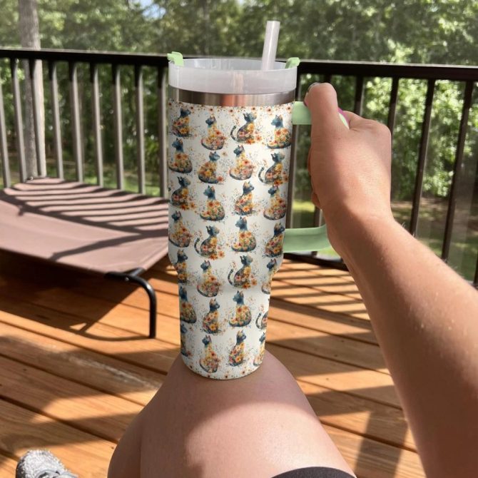 Floral Feline Cat Custom Stanley Quencher 40Oz Stainless Steel Tumbler With Handle - Image 4