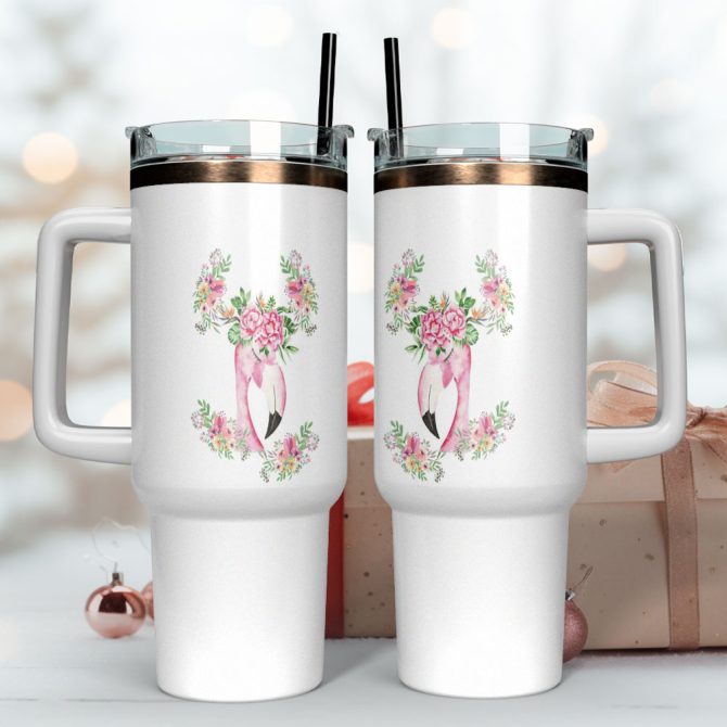Floral Flamingo Custom Stanley Quencher 40Oz Stainless Steel Tumbler With Handle - Image 4