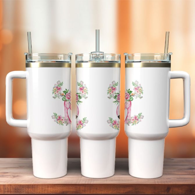 Floral Flamingo Custom Stanley Quencher 40Oz Stainless Steel Tumbler With Handle