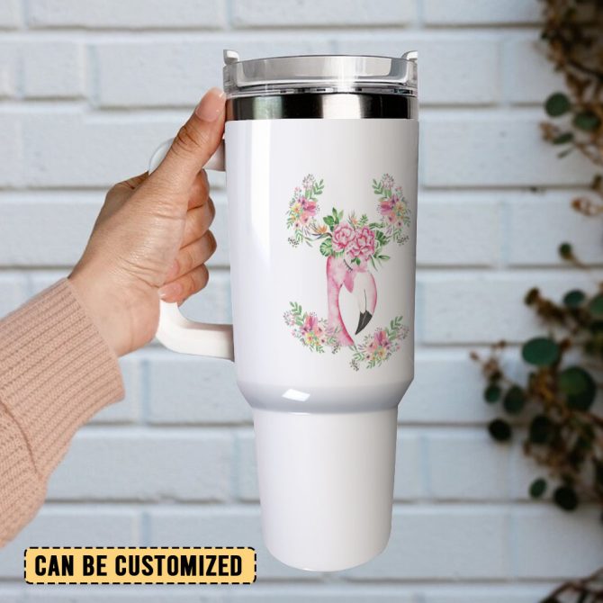 Floral Flamingo Custom Stanley Quencher 40Oz Stainless Steel Tumbler With Handle - Image 3
