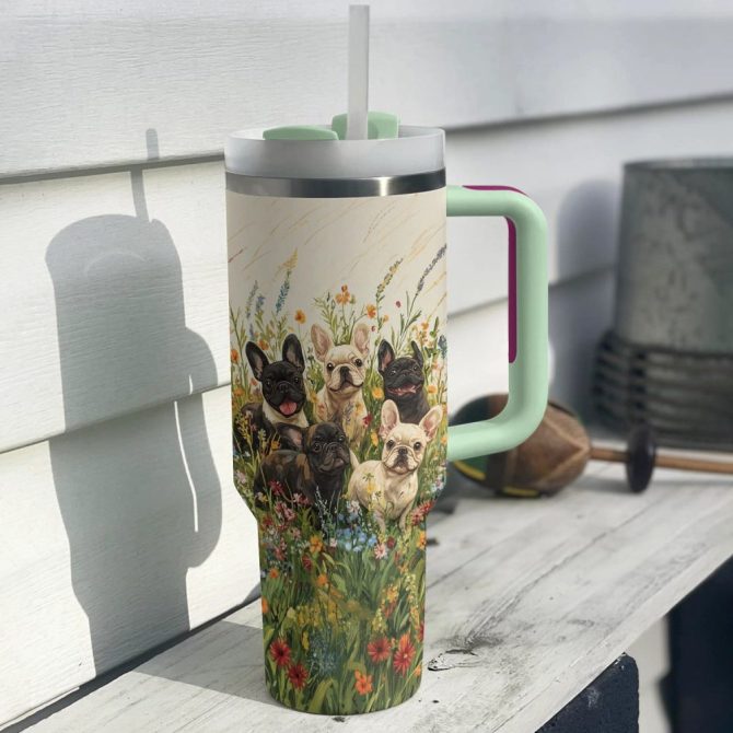 Floral Frenchie Bulldog Adventure Custom Stanley Quencher 40Oz Stainless Steel Tumbler With Handle - Image 3