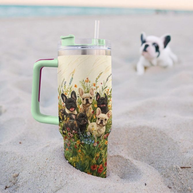 Floral Frenchie Bulldog Adventure Custom Stanley Quencher 40Oz Stainless Steel Tumbler With Handle - Image 2
