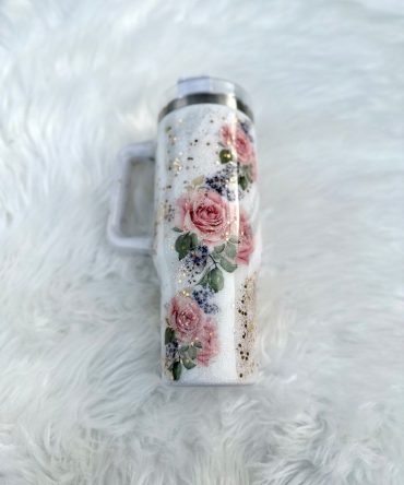 Floral Glitter Custom Stanley Quencher 40Oz Stainless Steel Tumbler