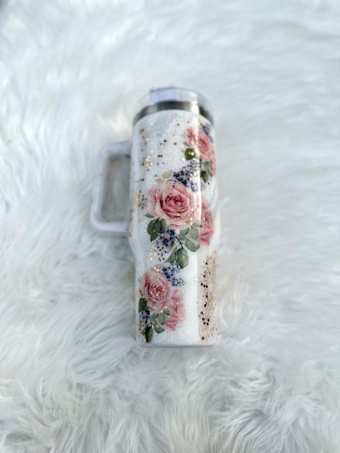 Floral Glitter Custom Stanley Quencher 40Oz Stainless Steel Tumbler - Image 2