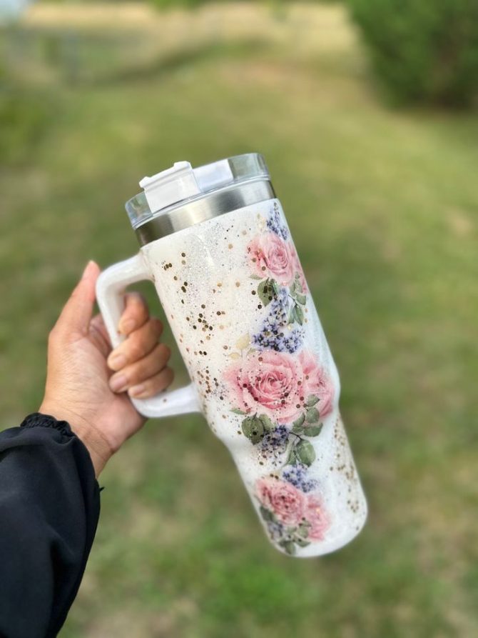 Floral Glitter Custom Stanley Quencher 40Oz Stainless Steel Tumbler - Image 3