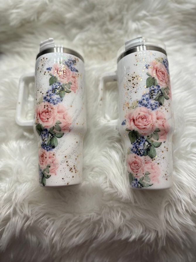 Floral Glitter Custom Stanley Quencher 40Oz Stainless Steel Tumbler - Image 5