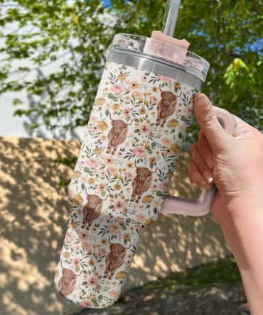 Floral Highland Cow Custom Stanley Quencher 40Oz Stainless Steel Tumbler With Handle