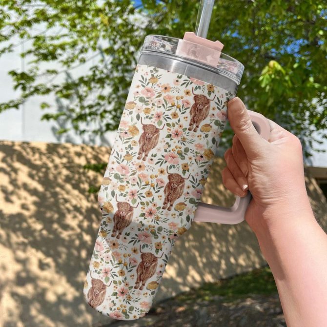 Floral Highland Cow Custom Stanley Quencher 40Oz Stainless Steel Tumbler With Handle