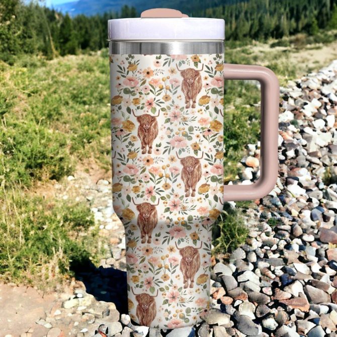 Floral Highland Cow Custom Stanley Quencher 40Oz Stainless Steel Tumbler With Handle - Image 2