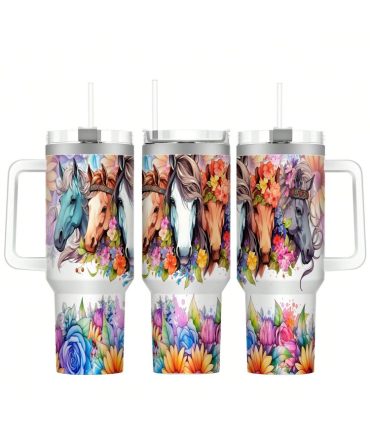 Floral Horse Lover #8217;S Custom Stanley Quencher 40Oz Stainless Steel Tumbler With Handle