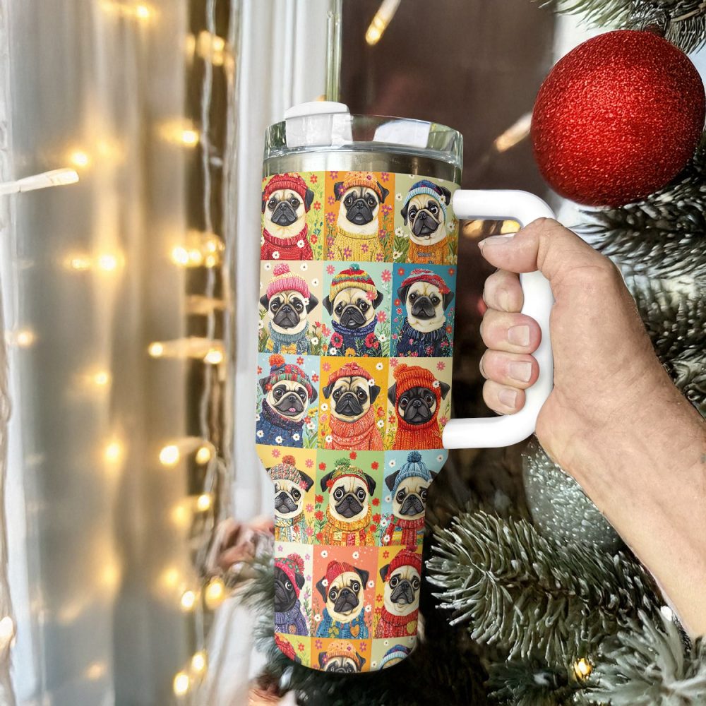 Floral Pug Dog Sweater Custom Stanley Quencher 40Oz Stainless Steel Tumbler With Handle - Image 4