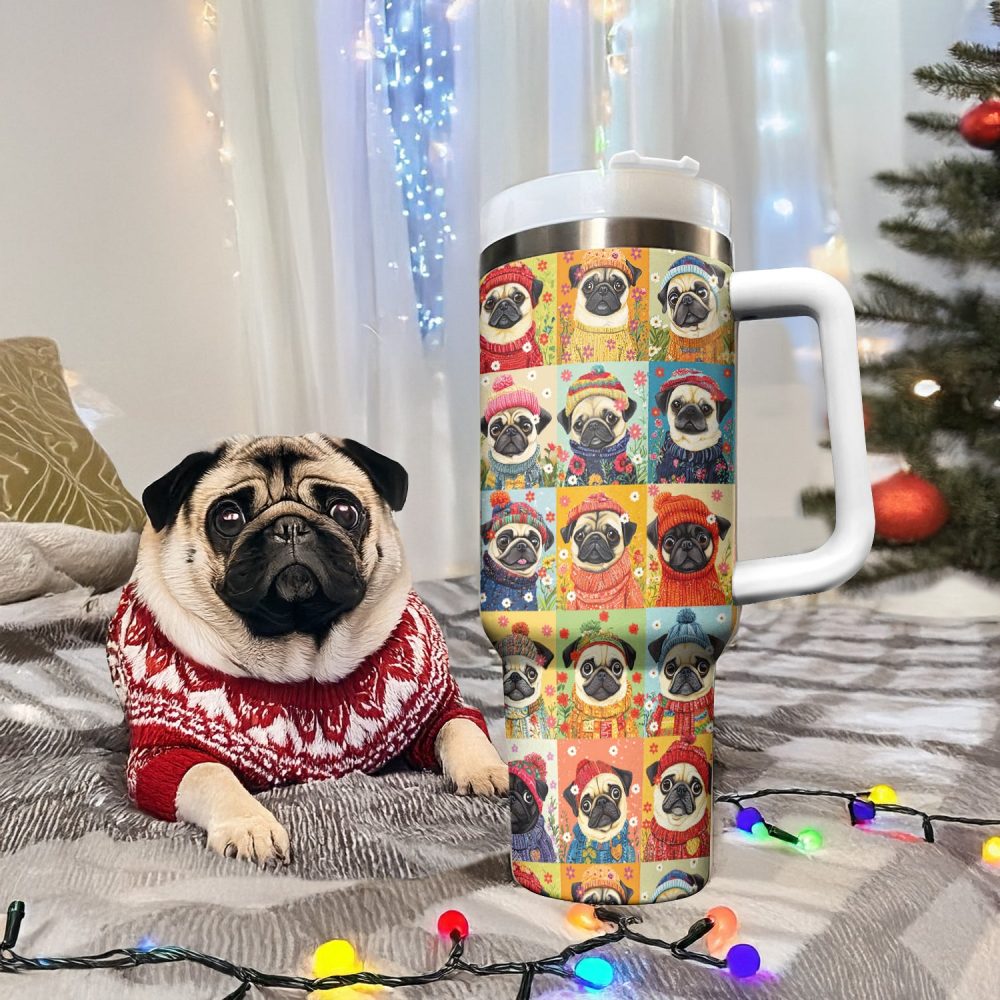 Floral Pug Dog Sweater Custom Stanley Quencher 40Oz Stainless Steel Tumbler With Handle - Image 2