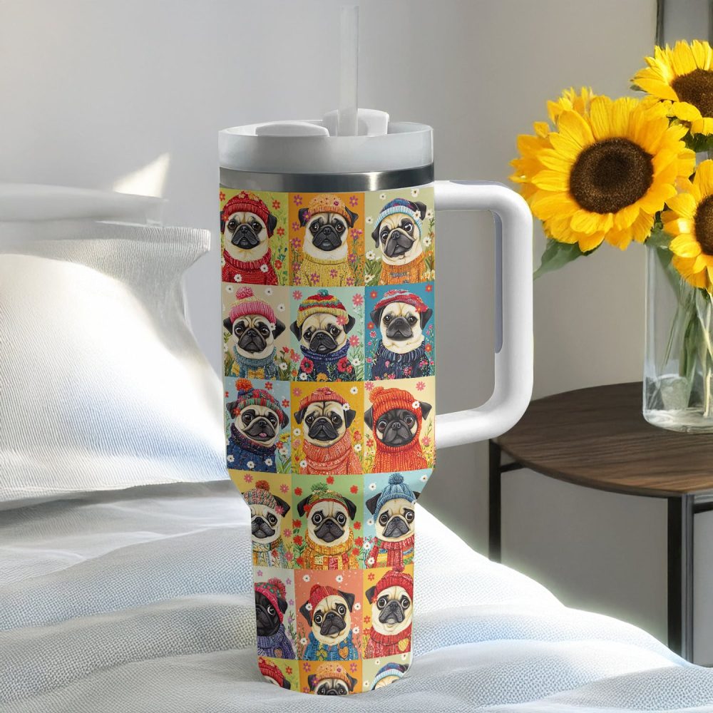 Floral Pug Dog Sweater Custom Stanley Quencher 40Oz Stainless Steel Tumbler With Handle - Image 3
