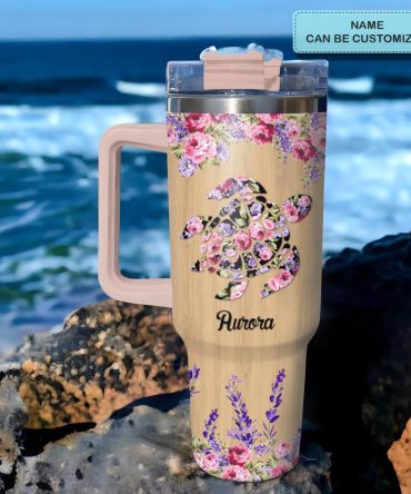 Floral Sea Turtle Custom Stanley Quencher 40Oz Stainless Steel Tumbler With Handle