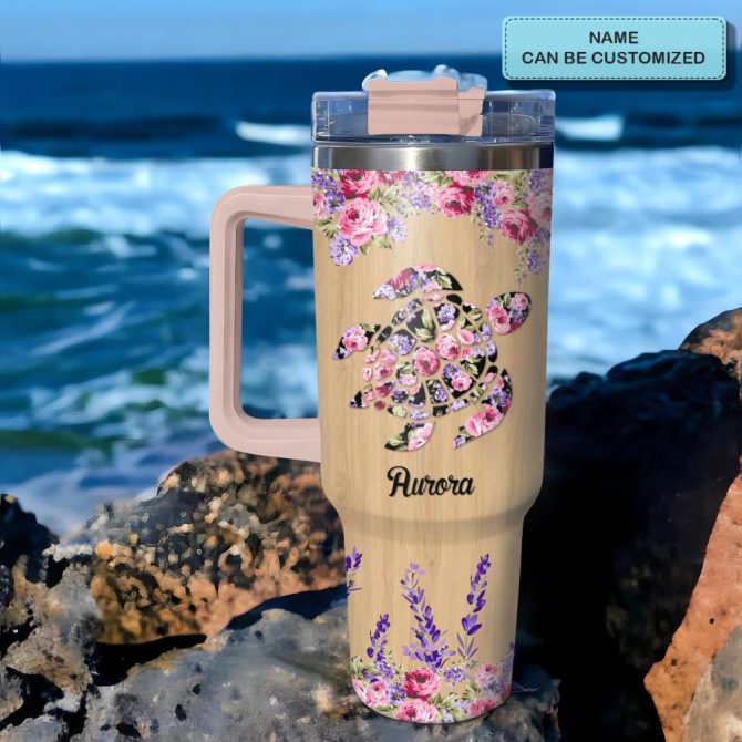 Floral Sea Turtle Custom Stanley Quencher 40Oz Stainless Steel Tumbler With Handle